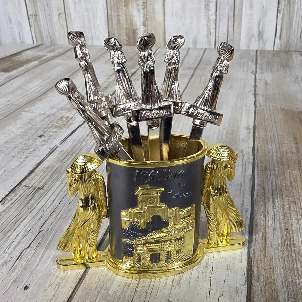 Vietnam Souvenir Appetizer Fork Set 6 Piece Metal Conical Hat Ao Dai Gold Silver